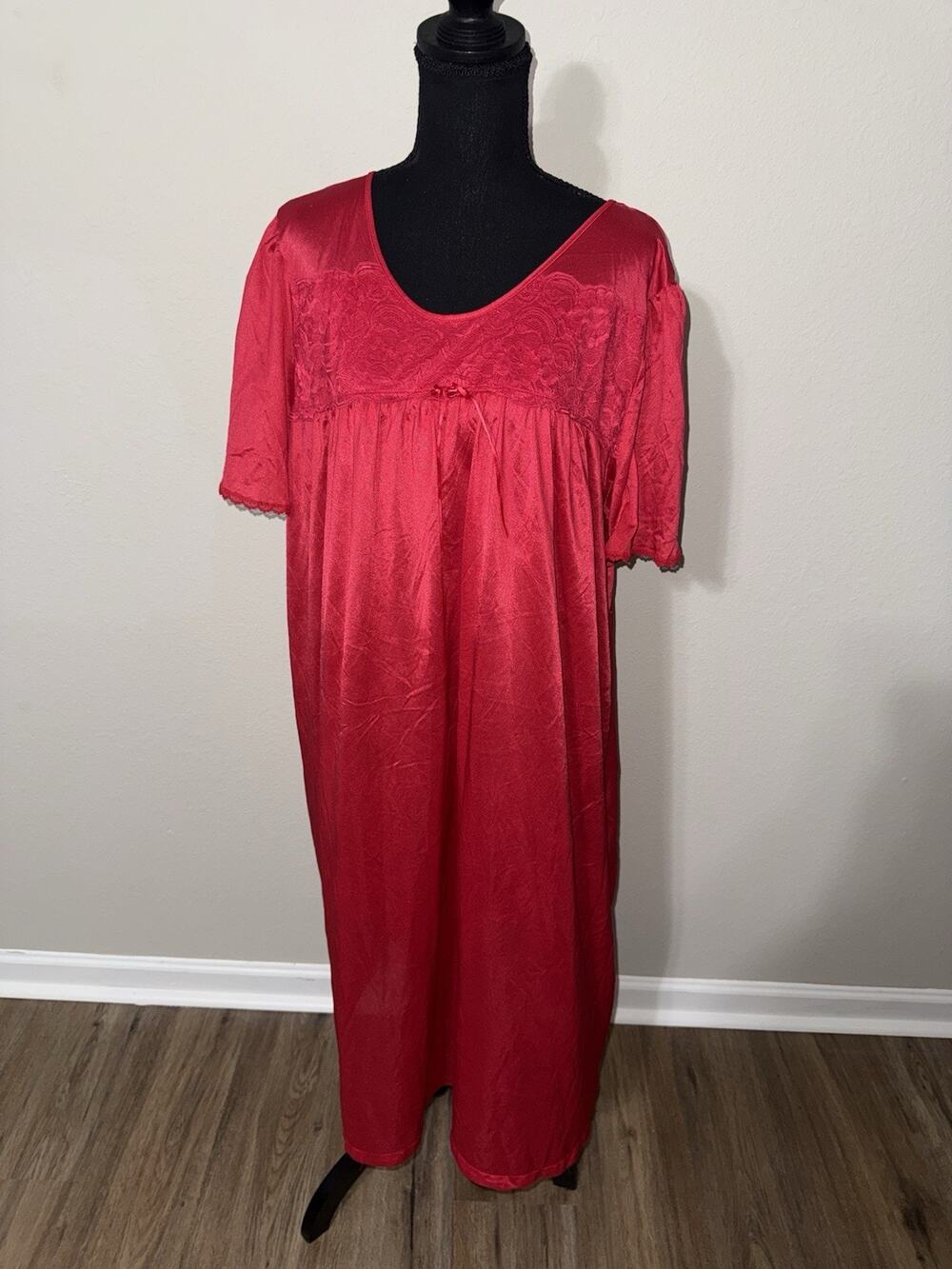 Serenada Nightgown Red Nylon Satin Lingerie Lace Trim V-Neck Short Slv Maxi 1X